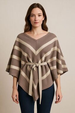 BUTTE KNIT Striped Knit Poncho Women's Brown Wrap with Belt One Size